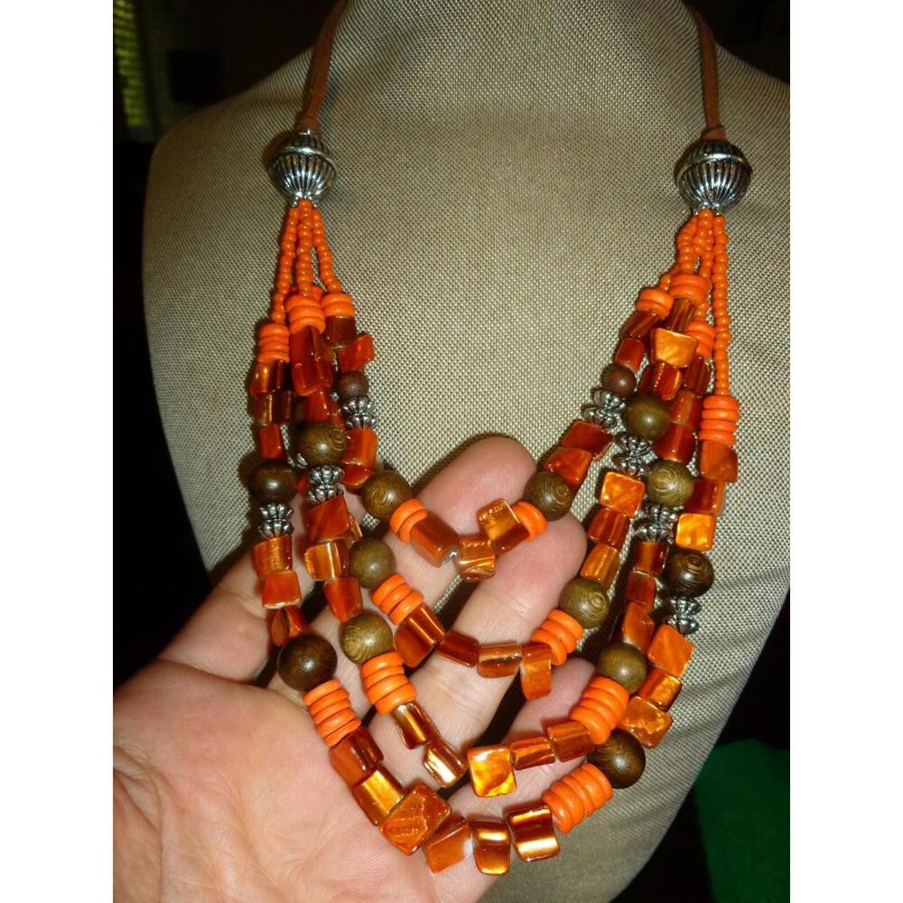 Shell Bib Necklace Orange Statement Collar Beaded… - image 3